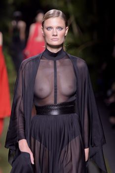 Голая грудь Констанс Яблонски в прозрачном наряде на Balmain Fashion Show фото #1